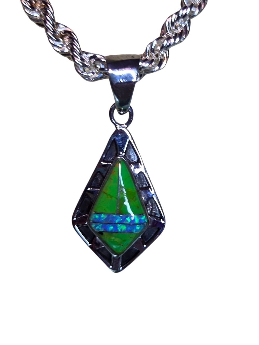 Sterling Silver Green Turquoise & Opal Teardrop Pendant